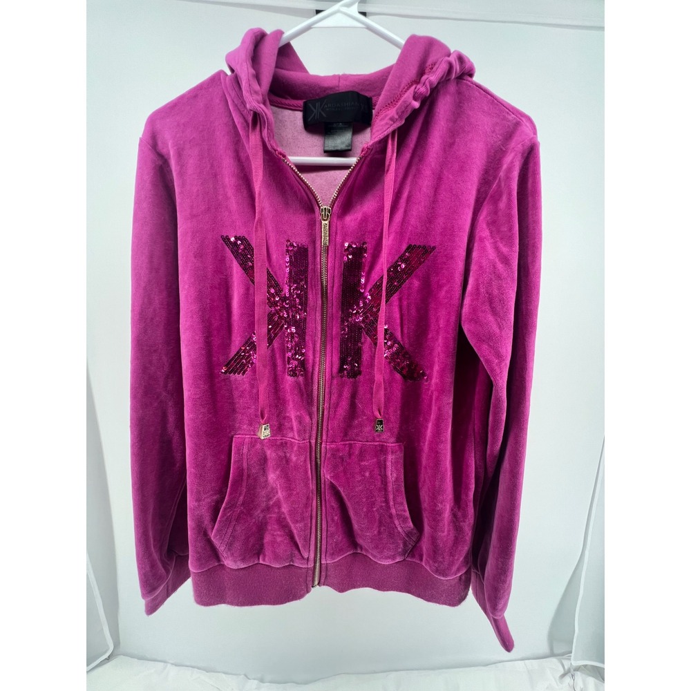 Kardashian Kollection Girls Velour‎ Hoodie Pink Sequin Logo Size XS